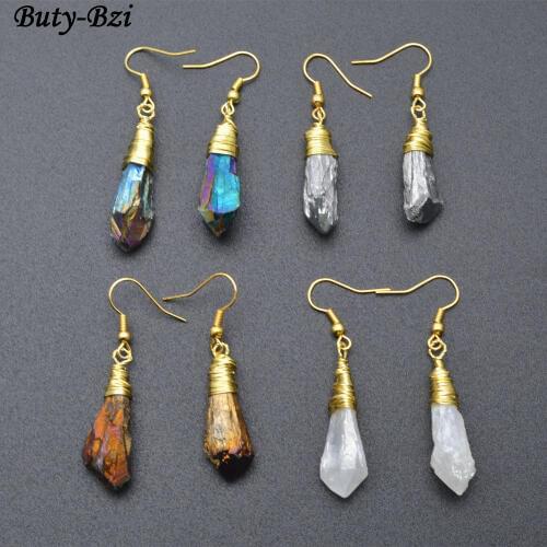 Handmade Natural Crystal Quartz Stone Point Wire Wrapped Dangle Earrings Fashion Woman Jewelry Gift Titanium Electroplating