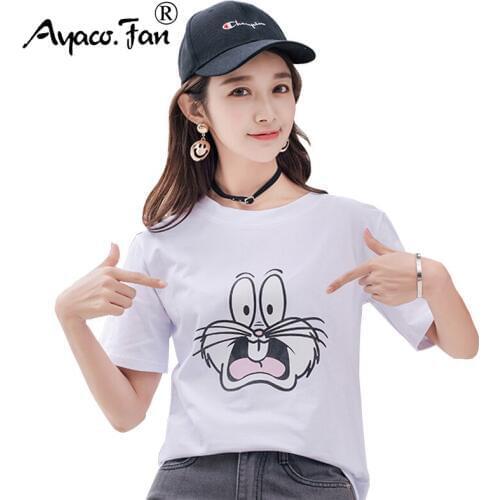 2019 Summer Women White T Shirt Harajuku Kawaii Cute Style Nice Cartoon Print Black O-Neck T-shirt Short Sleeve Tops