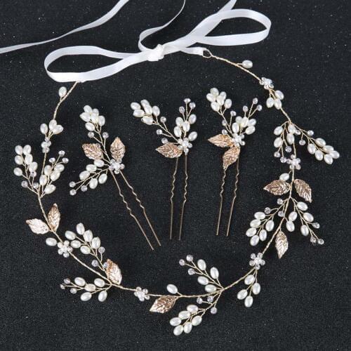 Bride Hair Accessories Golden Leaf Bridal Hair Band Wedding Crystal Pearl Hairpin with Headdress Headband Set Women Hair Jewelry