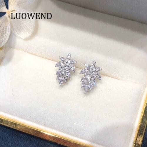 LUOWEND 100% 18K White Gold Earrings Women Stud Earrings Certified Real Natural Diamond Earring Fashion Fireworks Shape Design