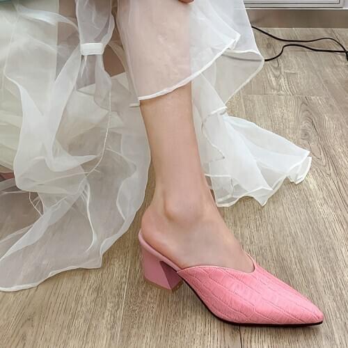 Pointed Toe Women Square Heel High Heels Muller Slippers Women 2021 Summer Shoes Women Fashion Comfortable Shallow Ladies Shoes