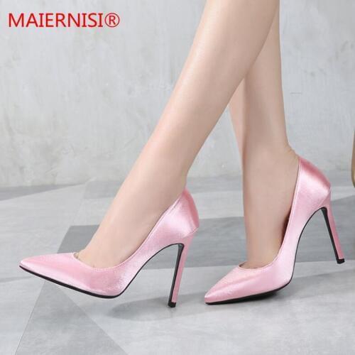 2019 Heels Women Pumps Solid Silk Pointed Toe Shallow Fashion High Heels 11cm Shoes Womens Wedding Shoes