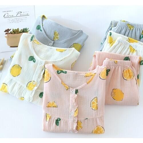 Fdfklak 2 Pieces Femme Loose Nightwear Homewear Suit 2021 Spring Long Sleeve Trousers Sleepwear For Women Cotton Gauze Pyjama