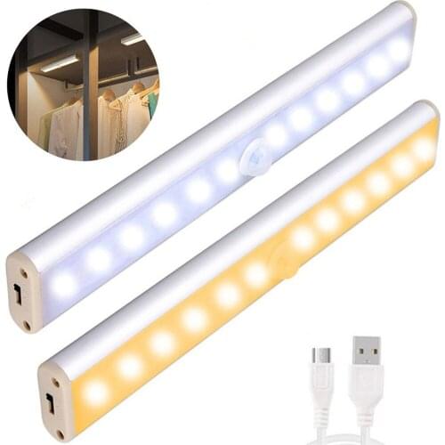 10 LEDs USB Rechargeable Under Cabinet Light Portable Wireless Kitchen Night Lights with Motion Sensor Magnetic Stick Night Lamp