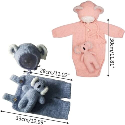 3Pcs Newborn Baby Photography Props Knitted Jumpsuit with Beanie Hat Koala Doll