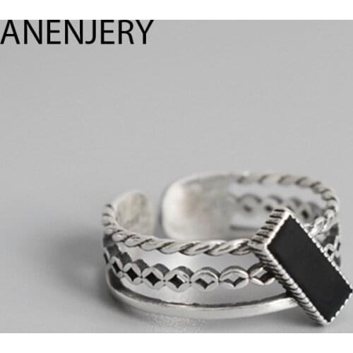 ANENJERY 925 Sterling Silver Fashion Double Layer Black Drop Glaze Rectangle Thai Silver Ring Twist Rope Ring Jewelry S-R566
