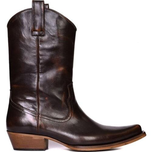 FootCourt- Brown Genuine Leather Men Western Style Pointed Toe Real Leather Texas Boots Vintage Mid Calf Boots Handcrafted Boots