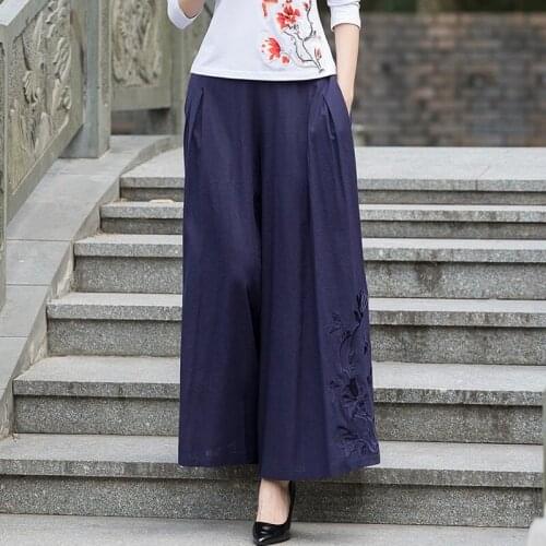 Cotton Linen Wide Leg Pants Trousers 2021 Chinese Style Women Ethnic Vintage Embroiedr Elastic Waist Loose Long Yoga Pants 30751