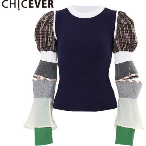 CHICEVER Vintage Sweaters For Women O Neck Puff Long Sleeve Slim Patchwork Hit Color Knitted Pullovers Female 2021 Autumn Style