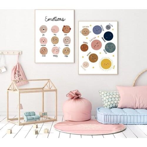 Nursery Room Prints Color Painting On Canvas Watercolor Cartoon Emotions Sun Mars Poster Picture Home Decor for Kids Baby Room