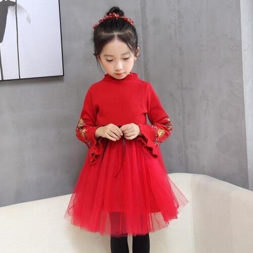 Child 2020 Winter New Plus Velvet Thickening Girl Dresses Korean Winter Red Pure Color Embroidered Flower Sleeve Princess Dress
