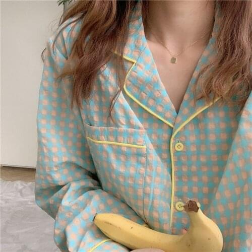 Hikigawa 2021 Pajamas Women Fashion Plaid Home Service Set Sleepwear Long Sleeve Trousers Suit Female Pijamas De Mujer 97632