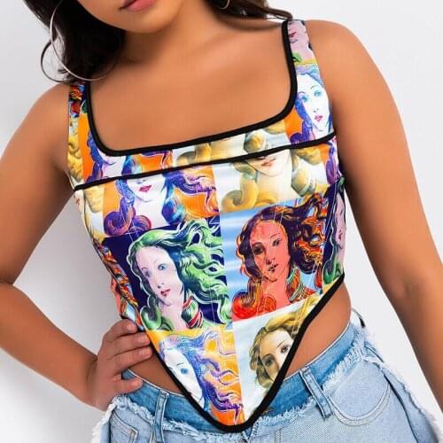 Fashion Waist Corset Y2K Aesthetic Print Crop Tops for Women Sleeveless Corset Vest Top Cropped Backless Club Top Tanks 2021 New
