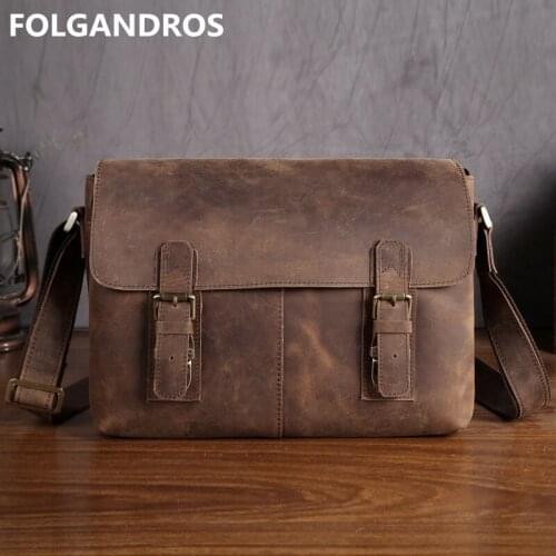 Mens Vintage Genuine Leather Messenger Shoulder Bag Classic Vintage Soft Cowhide Large Crossbody Bag Bolsa