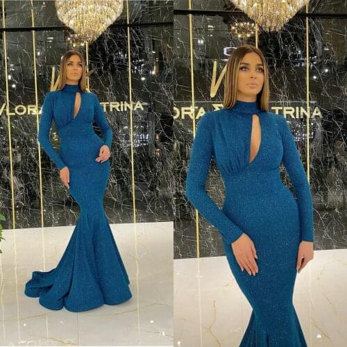 New Evening Dresses High Collar Prom Gowns Custom Made Long Sleeves Sweep Train Mermaid Special Occasion Dress