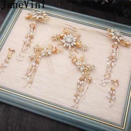 JaneVini Ancient Chinese Style Bride Hair Sticks Women Jewelry Earrings Set Vintage Gold Pearls Crystal Wedding Hair Combs Pins