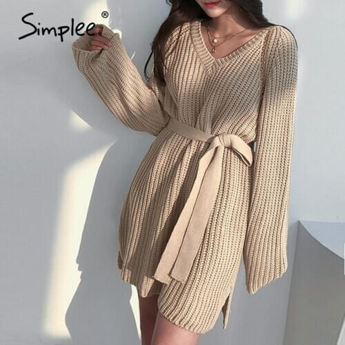 Simplee Casual v-ncck women knitted dress Autumn winter long sleeve lace up mini dress Solid color straight female sweater dress
