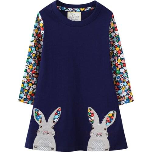 Girls Long Sleeve Embroidered Dress Cute Bunny Pattern Flower Sleeve Cotton Girls Autumn Casual Dress 7529