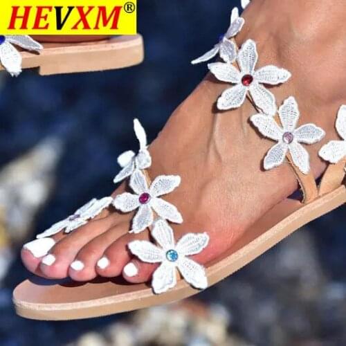 2021 New Summer Ladies Shoes Women Sandals White Flowers Flat Sandals Women Bohemian Casual Beach Shoes for Woman 42 43