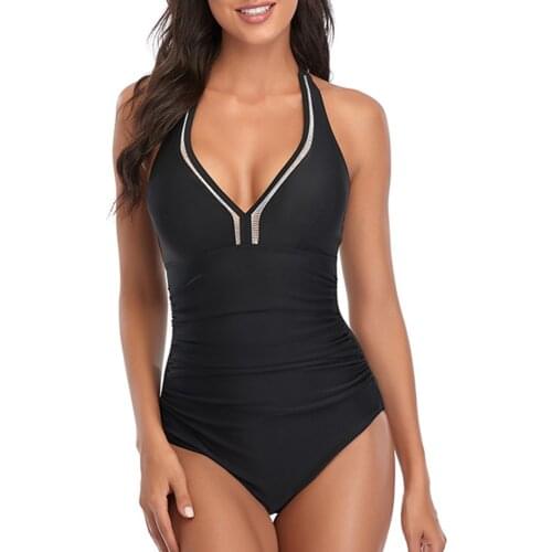 Sexy Shiny One Piece Swimsuit Solid Swimwear Women Halter Monokini Push Up Swim Suit Pleated Bathing Suit High Tummy Control