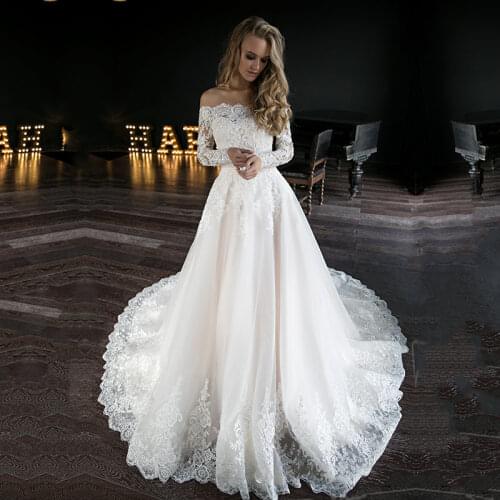 Long Sleeve Wedding dresses Boat Neck Appliques A-Line Lace bridal dresses Wedding Gown Buttons vestidos de noiva