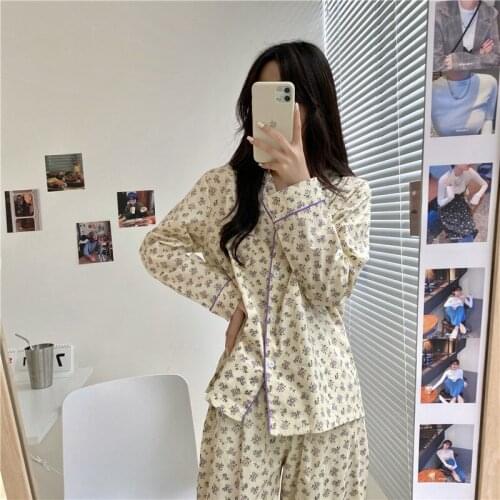 Women spring autumn pajama set floral print homewear home suit long sleeve sleepwear korean chic pants suit loungewear Y945