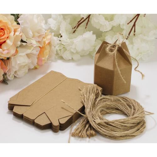 10pcs Kraft Paper Hexagon Favor Box Wedding Party Favour Gift Candy Dragee Boxes with Rope Sticker Home Party Birthday Supply