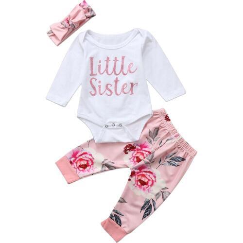 Little Sister Newborn Baby Girl Long Sleeve Cotton Bodysuit Tops Floral Long Pant Trouser Headband 3PCS Baby Clothing Set