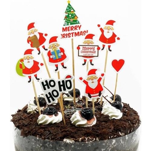 9pcs Christmas Cake Topper Xmas Tree Santa Claus Cupcake Dessert Cake Topper Flags Decoration for New Year Christmas Party Decor