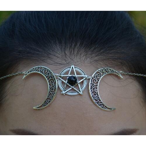 Crescent Moon And Pentagram Head Chain Hair Accessories Jewelry Vintage Wicca Gothic Hair Chain