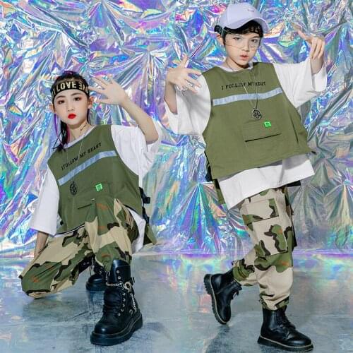 Kids Hip Hop Jazz Clothing White Tshirt Tops Sleeveless Jacket Camo Tactical Cargo Military Pants for Girls Boys Dance Clothes