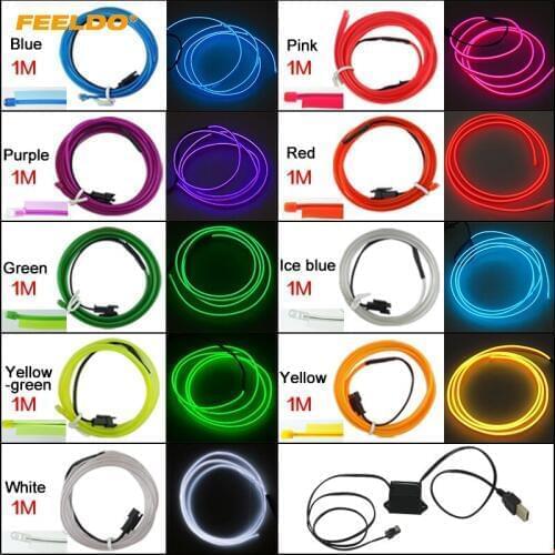 FEELDO 10Set 1M Car Flexible Moulding EL Neon Glow Lighting Rope Strip With Fin 12V USB Power Inverter 9-color #FD5768