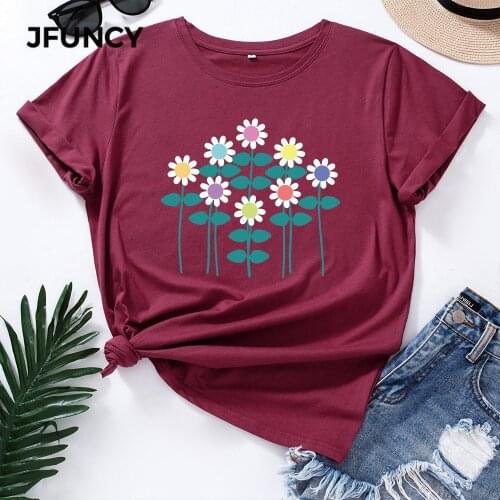 JFUNCY Plus Size S-5XL Women Summer T-shirt Creative Flowers Print Tees Short Sleeve Woman Tshirt 100% Cotton Female Tops
