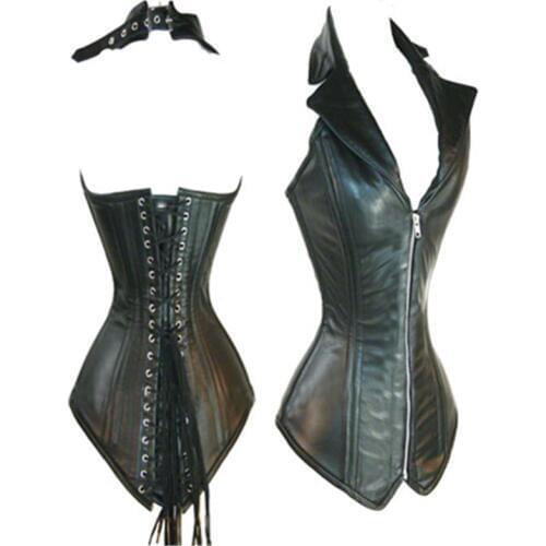 Womens Leather Corset Lingerie Bustier Top With G-string Black Color Brown Long PU Corsets Plus Size