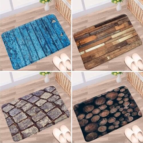 Doormat Vintage Old Wood Plank Bathroom Mat Stone Brick Blue Brown Pattern Non-slip Rug Flannel Kitchen Doorway Aisle Carpet Pad