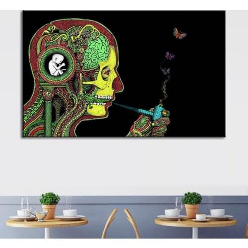 Creativity Abstract Smoking Skeleton Canvas Painting Home Hotel Decoration Hanging Picture Frameless Wall Art Farmhouse Decor