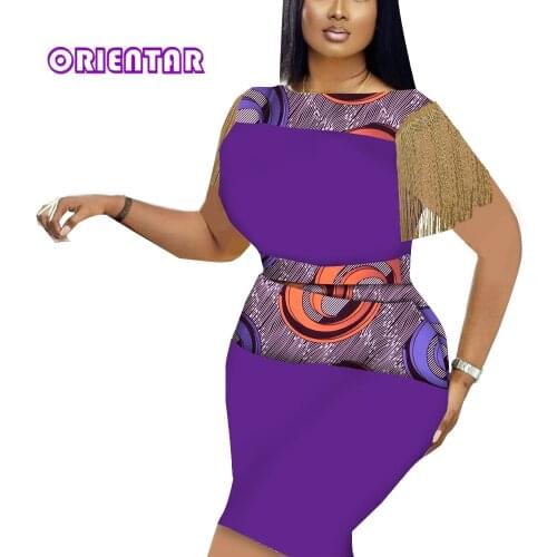 African Summer Dresses for Women Dashiki Bodycon Dress Tassels Sleeve Print Wax Short Midi Dress for Lady Party WY8744