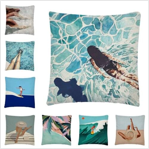 Sunny Beach Surfing Simple Pattern Linen Cushion Cover Pillowcase Home Sofa Car Decoration Pillowcase45X45 Cm