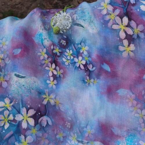 Natural pure ramie fabric Purple mustard blue print fabrics Summer thin dress robe clothing sewing