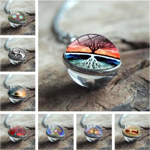 New Double-sided Glass Ball Pendant Trendy Yin Yang Tree of Life Necklace Retro Art Painting Pendant Necklace Jewelry for women
