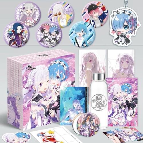 Re:Zero Anime Gift Box Toys Kawaii Emilia Rem Ram Keychain Badge Pins Postcard Water Cup Bookmark Mirror Poster Fridge Stickers