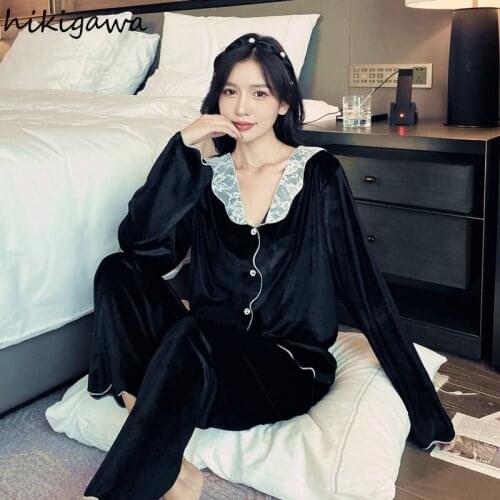 Hikigawa Chic Velvet Womens Home Clothing Lace Patchwork Fashion Pijama Mujer 2021pantssuit Nightie for Women Suit Female