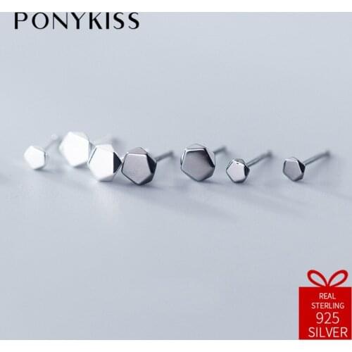 PONYKISS Trendy S925 Sterling Silver Simple Pentagon Couple Mini Geometric Stud Earrings Women Party Everyday Chic Jewelry Gift