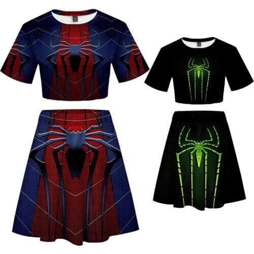 Superhero Spider Costume 3D Printing Spider Girls Sexy Club outfits Two Piece Set Summer Short Top Skirt L321