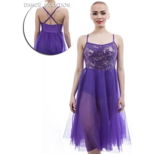 Dark Purple Ballet Dress Sequin Lace Bodice with Long Mesh Dress Girls Lyrical and Contemporary Dance Costumes 17081
