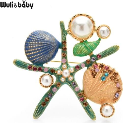 Wuli&baby Enamel Starfish Brooches Women Pearl Sea Star Animal Party Office Brooch Pins Jewelry Gifts