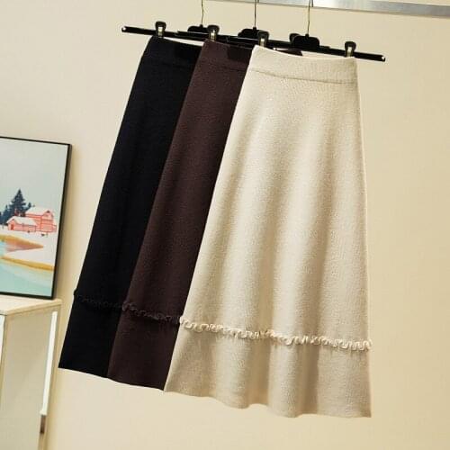 Spring Winter Knitted Skirt Women 2021 New Casual Loose Aline Skirts Womens Elastic Waist Solid Warm Skirt Femme