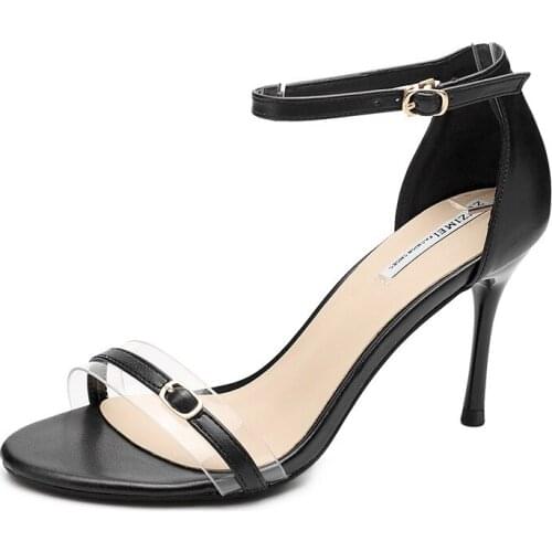 Women sandals PU Buckle Strap 8CM Thin Heels High heels Round Toe Shallow women shoes sandalias mujer 2020 size 35-42 black
