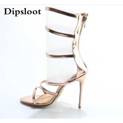 New Fashion Rose Gold Leather Buckles Women Sexy Sandal Cutout Style Ladies High Heels Zipper Back Female Stiletto Heels Size 42