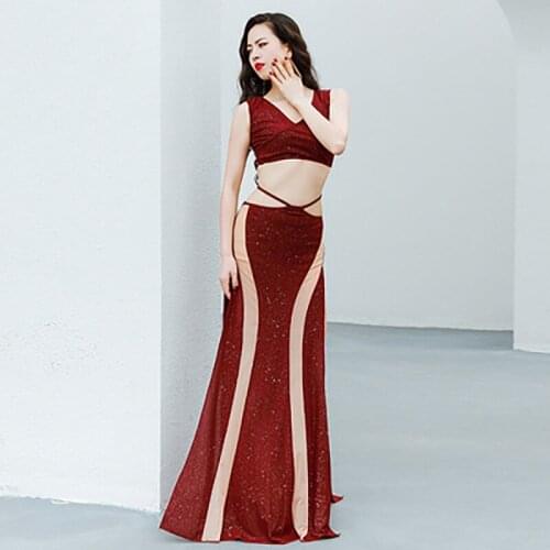 Women Oriental Practice Clothes Professional Belly Dance Belly Dance Costume Set Glitter Top Long Split Leg Skirt Suit Clothes